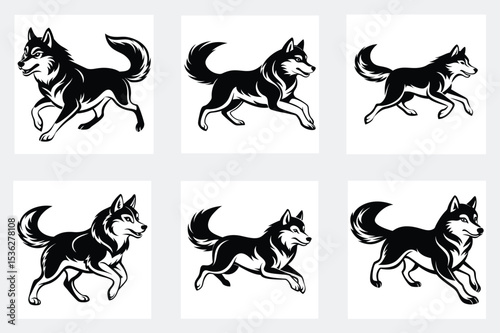 Six black and white husky dogs running in different poses