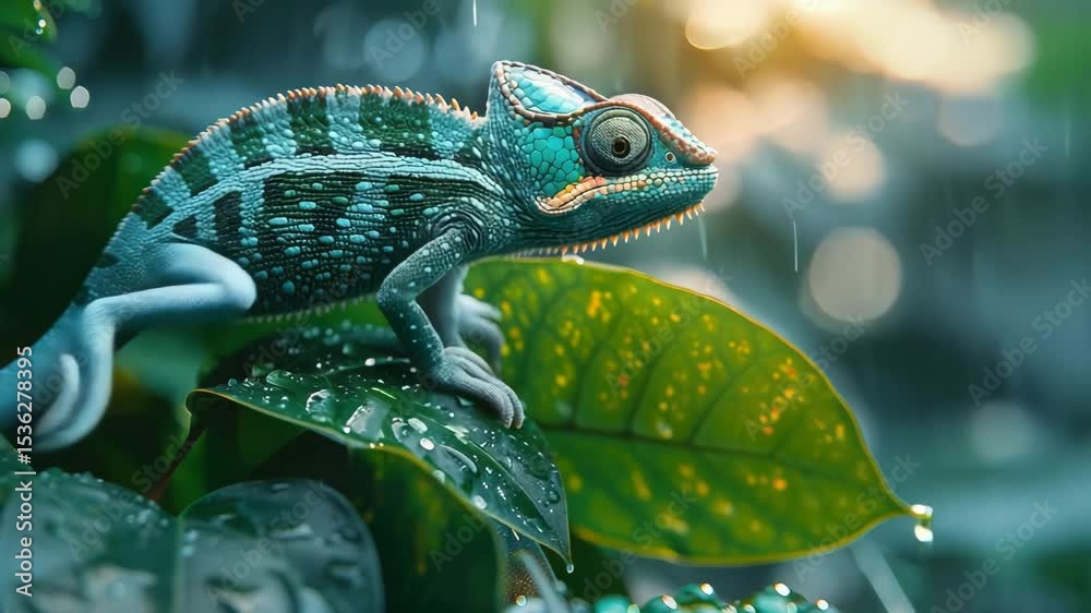 Colorful chameleon reptile with vibrant blue and green patterns sits wet green leaf rainforest, surrounded by lush wildlife and nature, as this unique lizard animal displays detailed texture