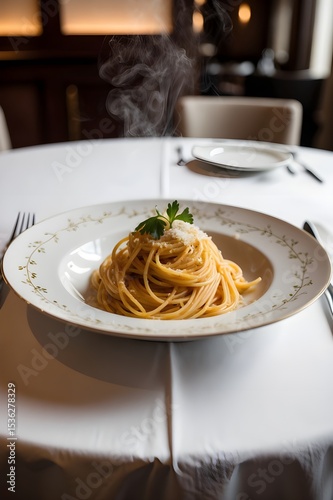 A plate of pasta with a lot of steam coming off it. The pasta is covered in cheese and parsley, and it looks delicious. The steam rising from the plate creates a cozy. 
