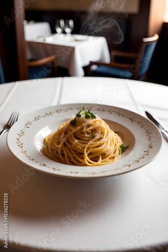 A plate of pasta with a lot of steam coming off it. The pasta is covered in cheese and parsley, and it looks delicious. The steam rising from the plate creates a cozy. 