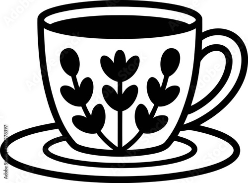 Black and white floral tea cup vector illustration graphic design for coffee shop or tea house logo icon editable stock vector illustration