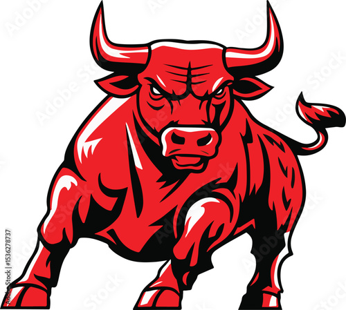 Illustration of a red bull charging forward on white ground