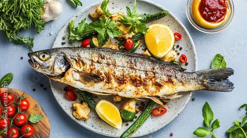 Grilled fish with vegetables photo