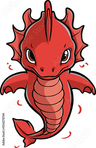 A cartoon red dragon with big eyes on a white background