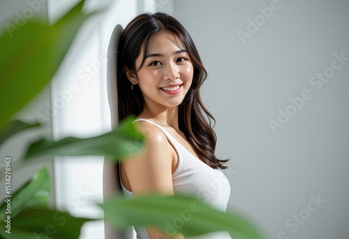 Beautiful Asian Woman Smiling Portrait in White Tank Top Indoor Lighting