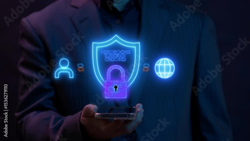 Virtual Private Network concept, a service that encrypts your internet traffic and protects your online identity. Cyber security system. Businessman shows data encryption icon on virtual screen.