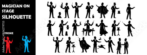 Magician on Stage Silhouette Vector Set – Illusion, Tricks, and Magic Show Scenes