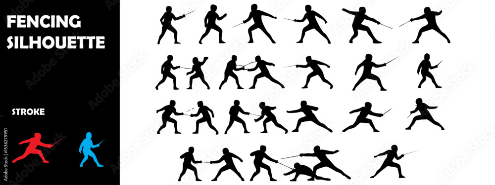 Naklejka premium Fencing Silhouette Vector Set – Sword Fighting and Olympic Sport Scenes