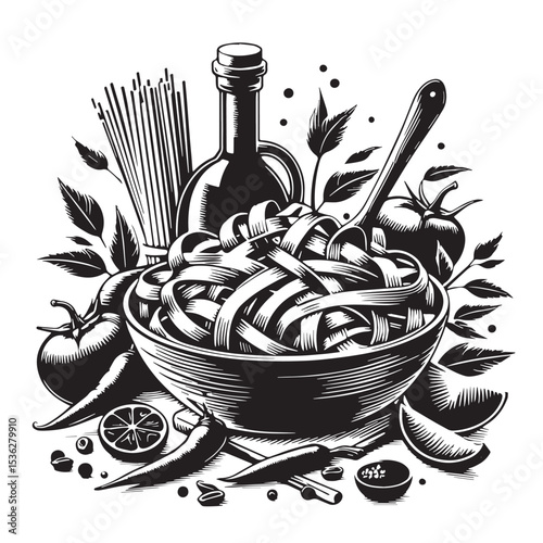 Black Fettuccine Alfredo Silhouette Vector, High Quality Illustration on White Background