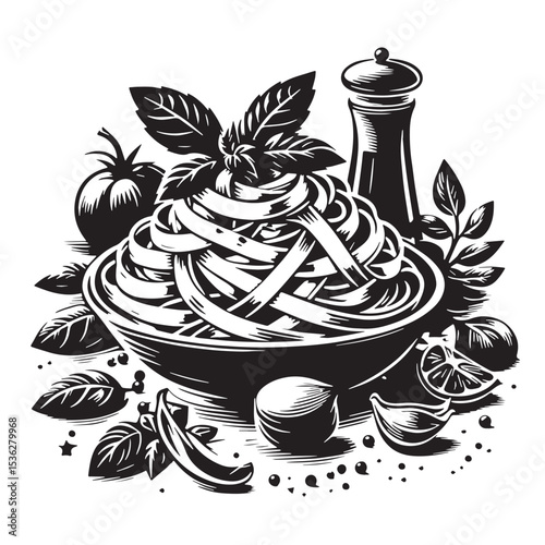 Black Fettuccine Alfredo Silhouette Vector, High Quality Illustration on White Background