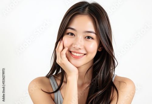Beautiful Smiling Asian Woman with Long Brown Hair Skincare and Beauty Portrait