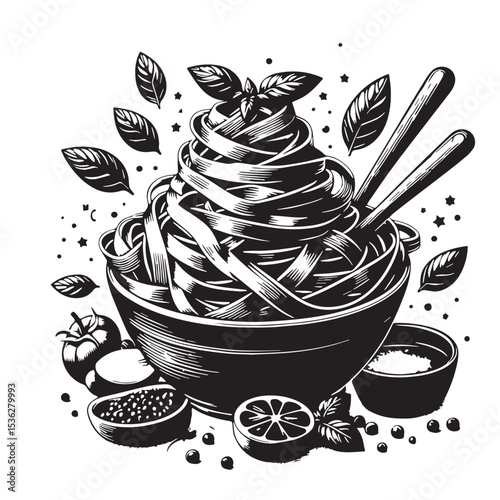 Black Fettuccine Alfredo Silhouette Vector, High Quality Illustration on White Background