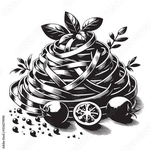 Black Fettuccine Alfredo Silhouette Vector, High Quality Illustration on White Background