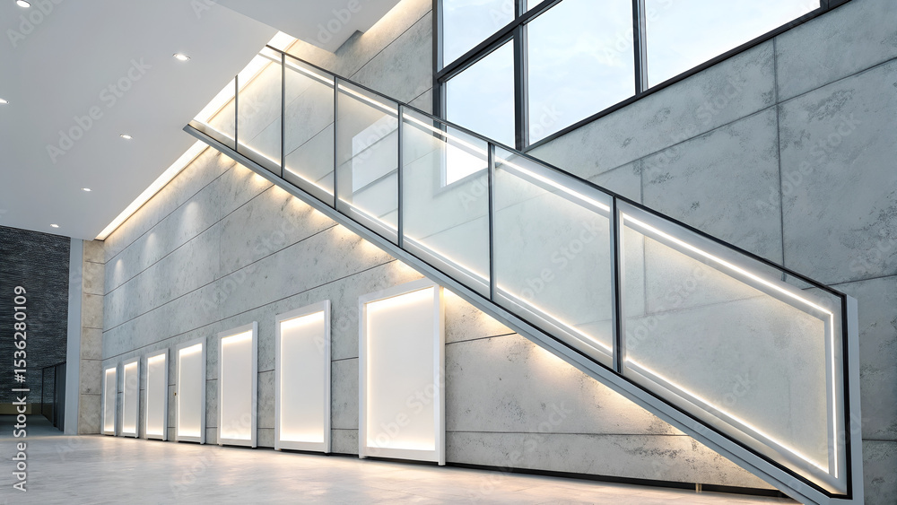 Fototapeta premium Rectangular semi-transparent glass floating panels with subtle inner glow arranged diagonally in cascading modern style over soft gray-white background for commercial use