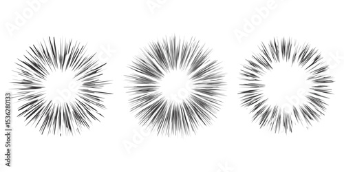 Comic speed lines effect. Manga radial explosion background. Vector anime burst. Perspective motion of rays. Superhero frames. Abstract blast scream and glow. Center of impact.