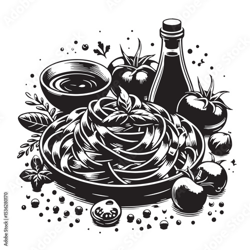 Black Fettuccine Alfredo Silhouette Vector, High Quality Illustration on White Background