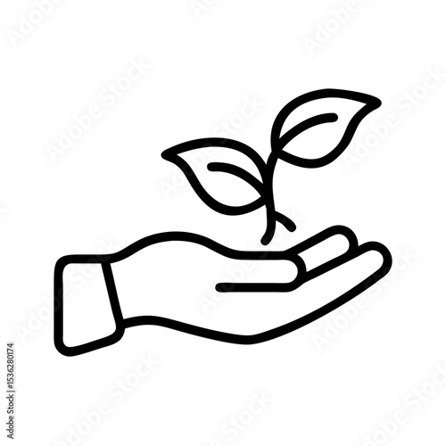Hand holding young plant with leaves in simple line art style  