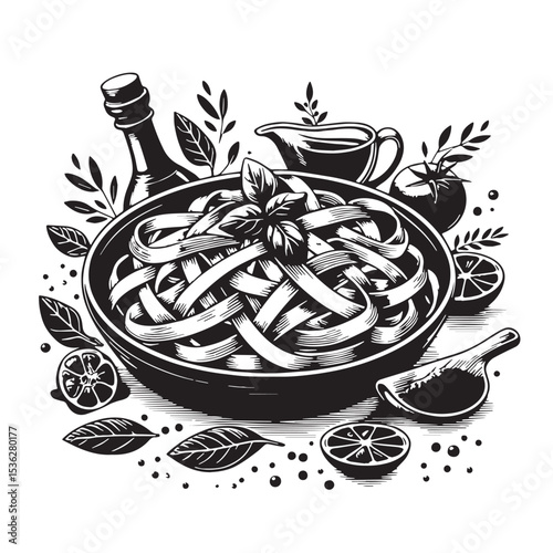 Black Fettuccine Alfredo Silhouette Vector, High Quality Illustration on White Background