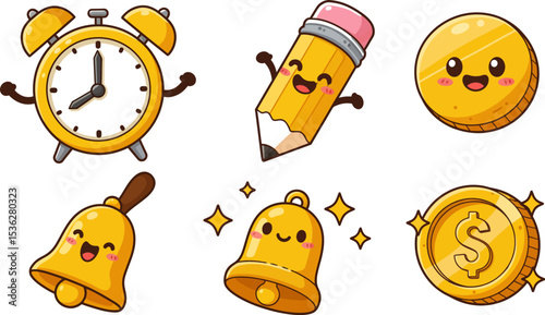 This set of funny cartoon alarm clocks features various illustrations of clocks and watches, perfect for business and time-related vector icons