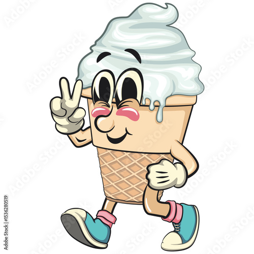 cute ice cream cone mascot cartoon vector character with waffle cone and vanilla topping walking with peace sign, work of hand drawn