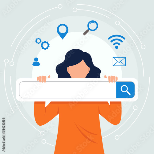 Illustration of a Woman Holding Search Bar  Online Browse and Digital Information
