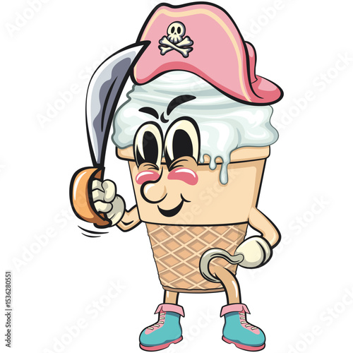 cute ice cream cone mascot cartoon vector character with waffle cone and vanilla topping wearing a pirate hat while holding a machete and using hooks, work of hand drawn