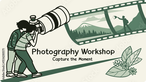 Illustration of two people look through a large camera lens at a scenic mountain landscape photograph