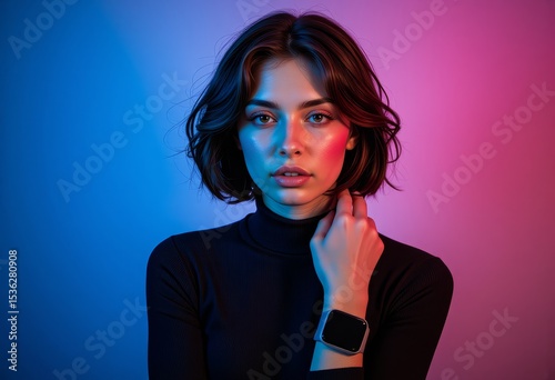 Stylish Young Woman with Short Brown Hair Wearing Smartwatch under Neon Lights