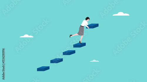 build a ladder of success, businesswoman building staircase from beam to progress ascending business growth, self development or career growth and job position improvement, efforts to growing business