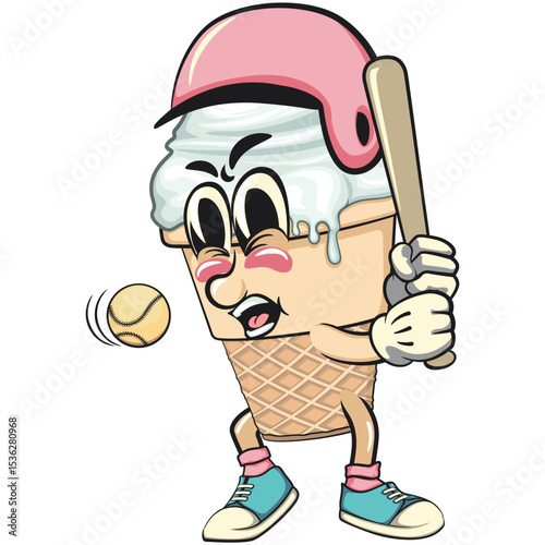 cute ice cream cone mascot cartoon vector character with waffle cone and vanilla topping with helmet playing baseball ready to hit the ball with the bat, work of hand drawn