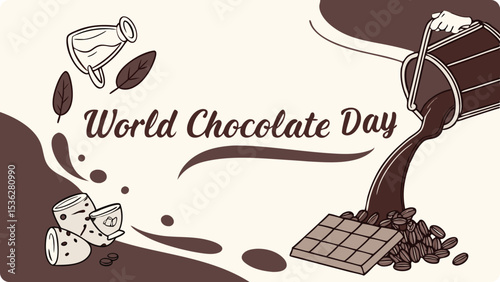 Illustration of world chocolate day illustration shows a bucket of melted chocolate pouring onto a chocolate bar and cocoa beans