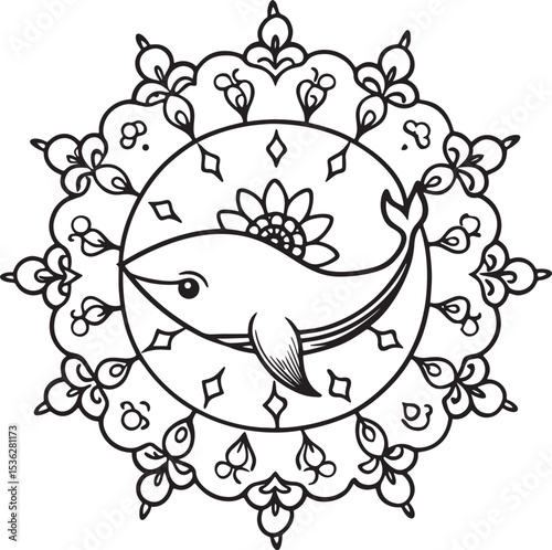 Cute whale illustration in mandala design for coloring book