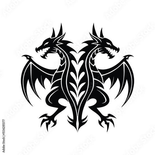 Flat and Minimal Two mirrored black tribal dragons icon vector illustration on white background