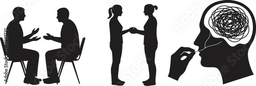 Black vector silhouettes of women, girls, and couples illustrate people walking, shopping, and holding hands, outlining family and business fashion