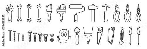 Construction tools vector icon set. Adjustable wrench, brush, roller, hammer and nails. Screw, nut and bolt. Tape measure, screwdriver, putty knife, saw, pliers and wire cutters