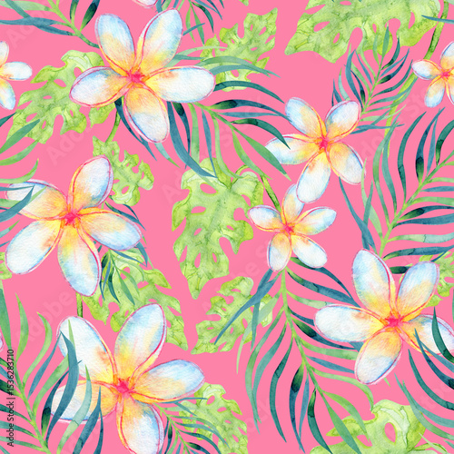 Floral watercolor tropical plumeria seamless vintage print on pink background