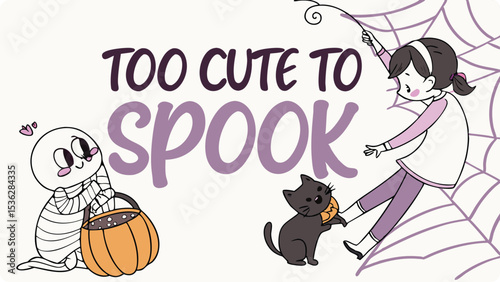 Illustration of a cute mummy, girl, and cat enjoy halloween treats near a spiderweb