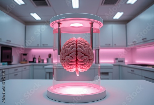 Human Brain Model in Glass Container Pink Light Modern Lab Setting