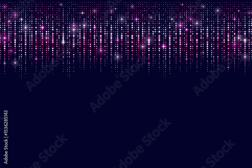 Pink glitter background. Rose confetti with light of sparkles on black background. Abstract bright particles border. Falling dust with bling and shimmer. Rain of twinkles vector illustration