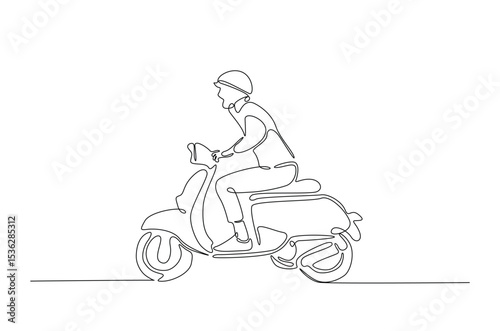 Riding motor scooter in continuous one line drawing. Single line art illustration of person ride retro scooter. Editable vector.