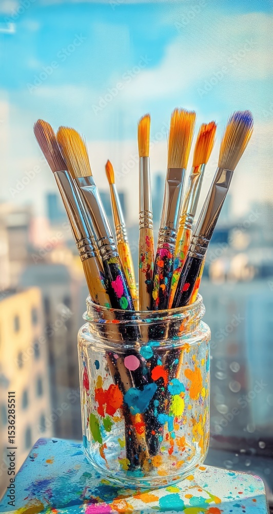 Fototapeta premium Paintbrushes in a glass jar, cityscape view (1)