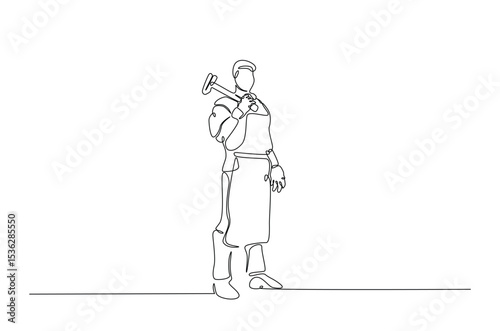 Blacksmith holds hammer in continuous one line drawing. Single line art illustration of blacksmtih working. Editable vector.