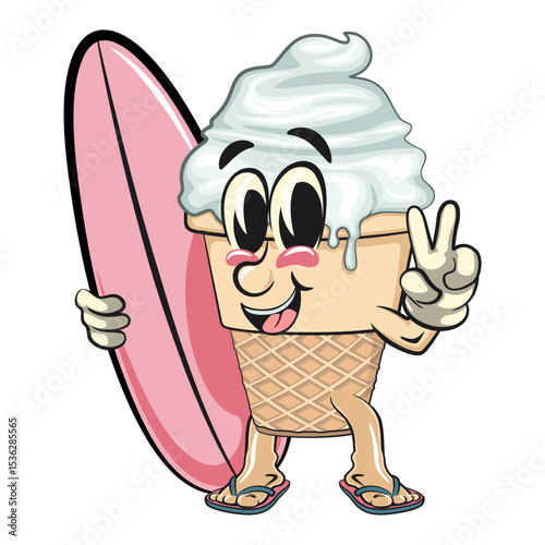 cute ice cream cone mascot cartoon vector character with waffle cone and vanilla topping with surfboard and gave a peace sign, work of hand drawn