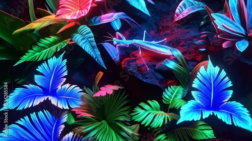 Glowing praying mantis rests on mossy ground surrounded by tropical leaves illuminated with neon blue and red light in a dark, fantasy garden