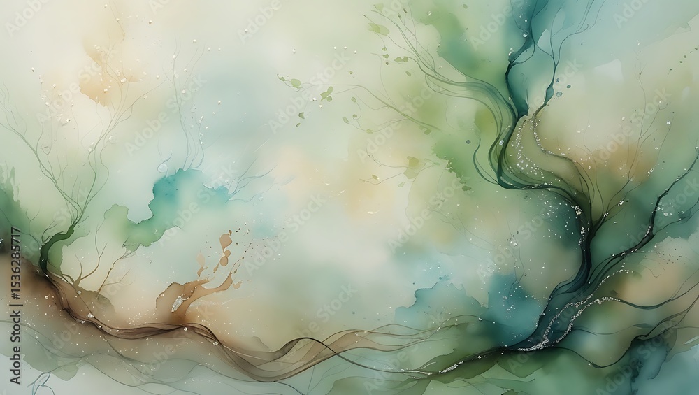 Fototapeta premium Abstract watercolor painting depicting flowing organic shapes with calming green and teal hues and delicate details.