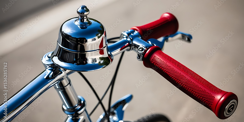 Obraz premium Close-Up of Bicycle Handlebar with Silver Bell and Red Grips Against Pavement