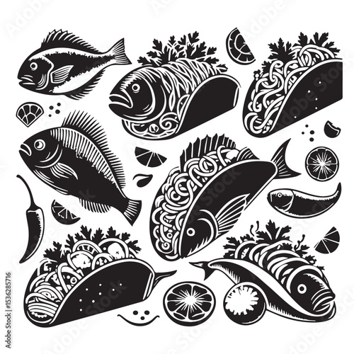 Black Fish Tacos Silhouette Vector, High Quality Illustration on White Background