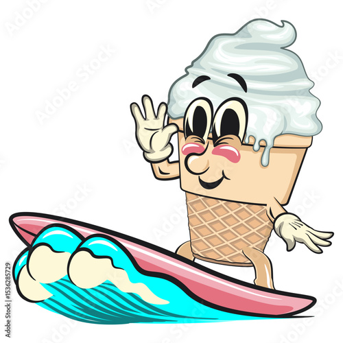 cute ice cream cone mascot cartoon vector character with waffle cone and vanilla topping surfing riding the waves, work of hand drawn