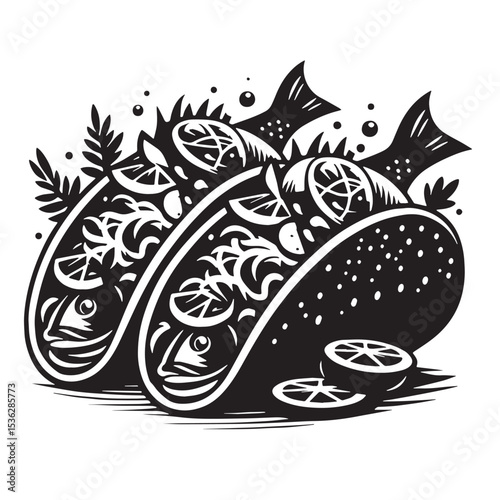 Black Fish Tacos Silhouette Vector, High Quality Illustration on White Background