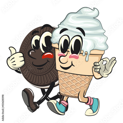 cute ice cream cone mascot cartoon vector character with waffle cone and vanilla topping giving the okay sign walking with the cute chocolate biscuit character giving a thumbs up, work of hand drawn